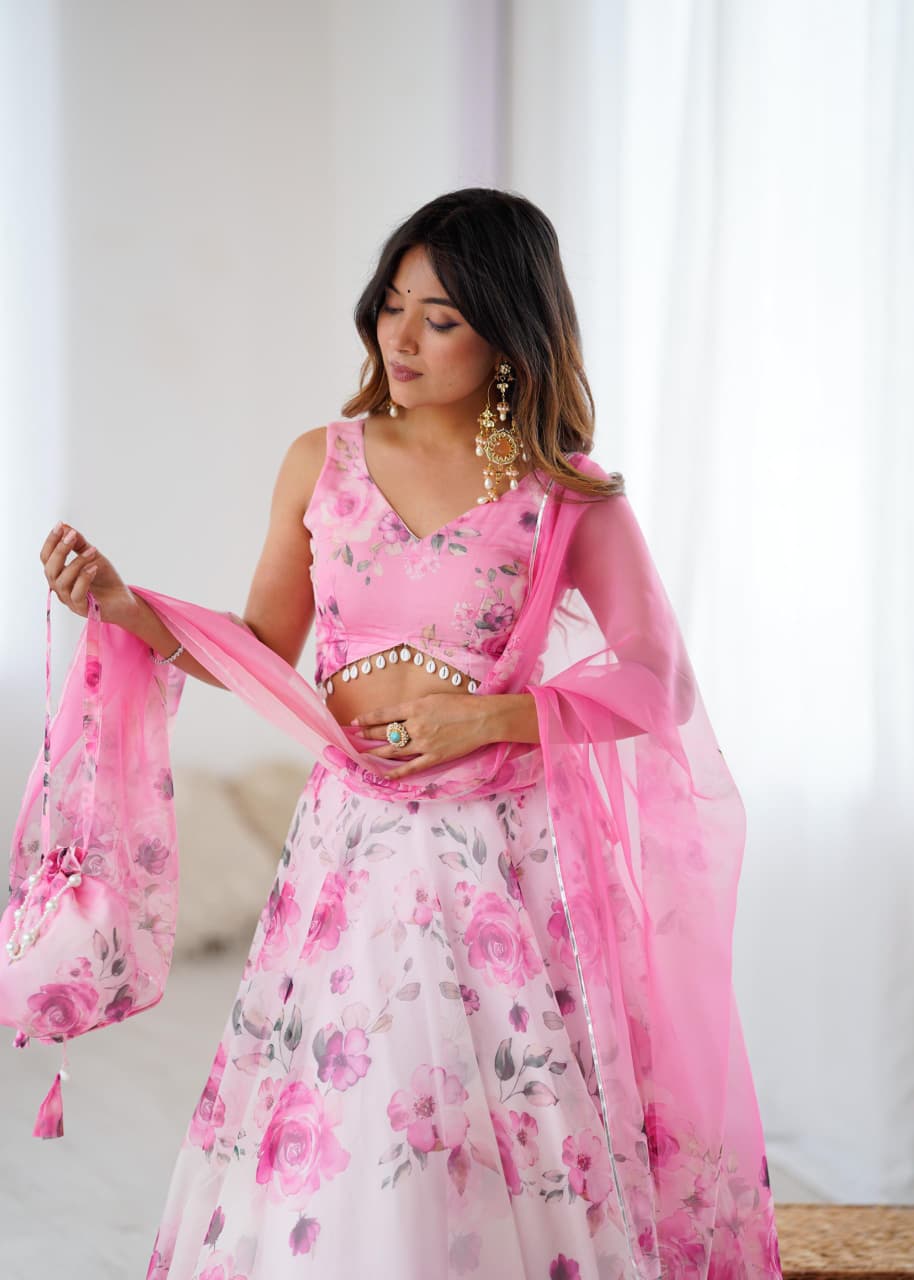 GLORIOUS PINK ORGANZA DIGITL PRINTED LEHENGA CHOLI