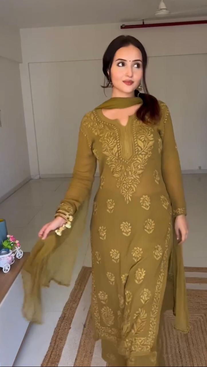 Chikankari 3pcs suit with allover-work and mukaish work ( KURTA + PLAZZO + DUPATTA )
