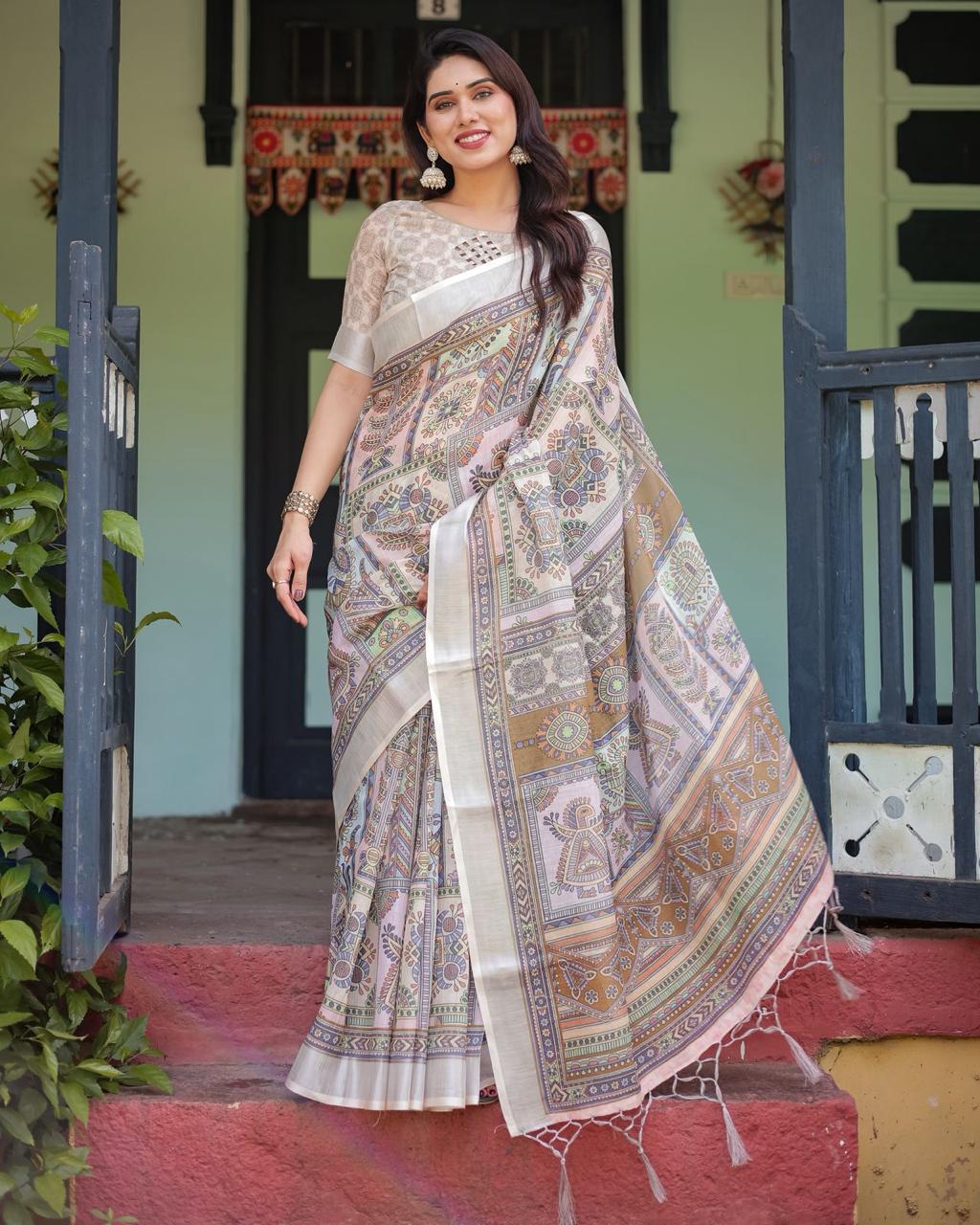 Pure Linen Saree with Tassels
