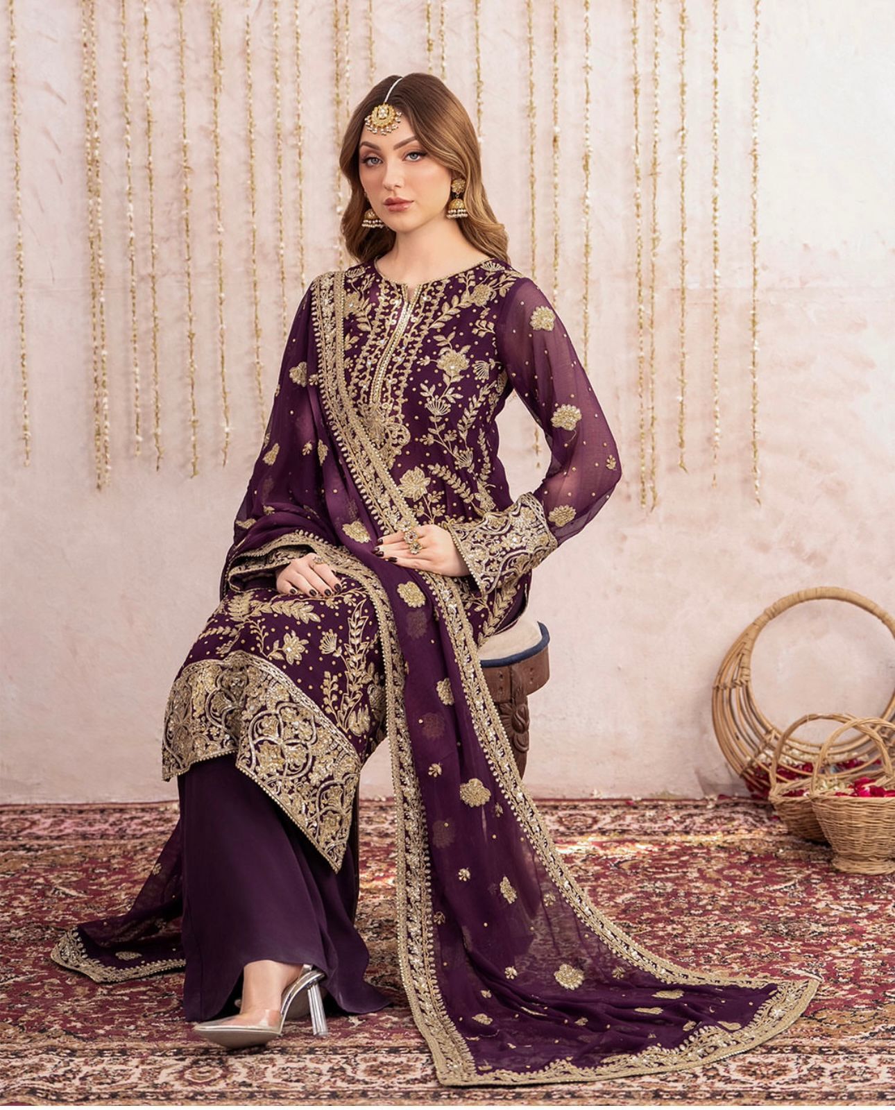 Luxury Purple Embroidered Suit Set with Dupatta – Wedding & Festive Wear