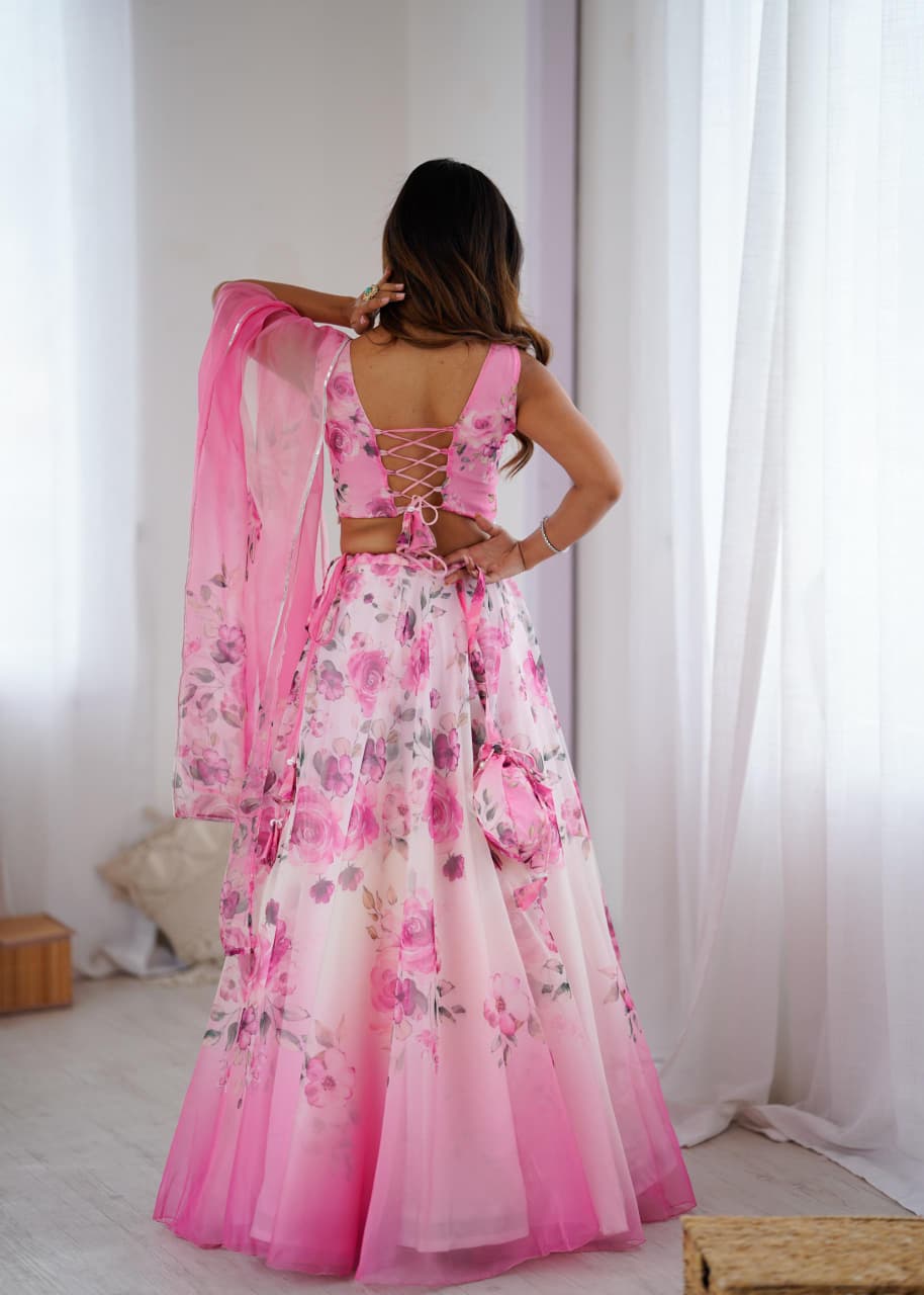 GLORIOUS PINK ORGANZA DIGITL PRINTED LEHENGA CHOLI