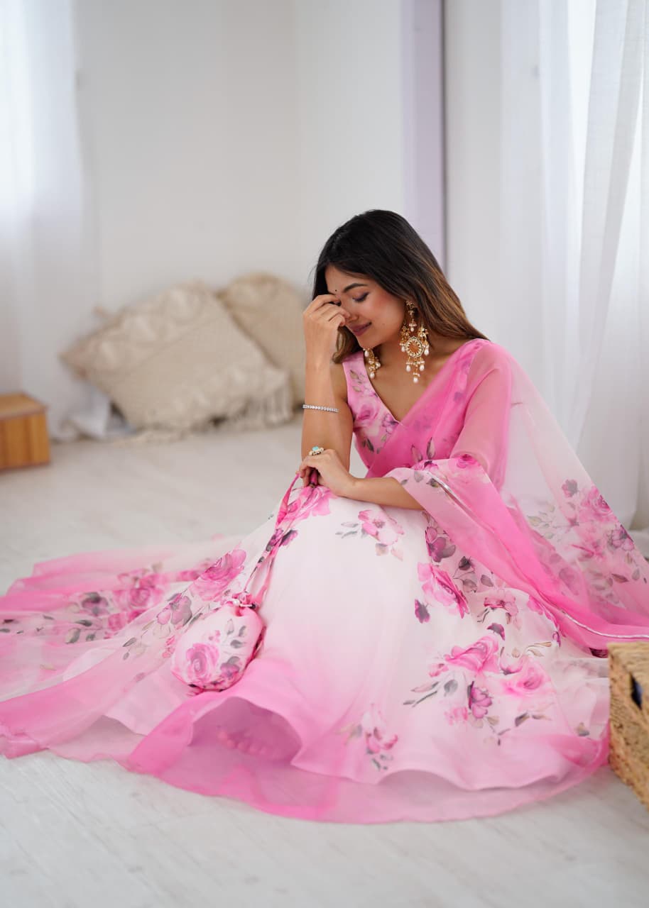GLORIOUS PINK ORGANZA DIGITL PRINTED LEHENGA CHOLI