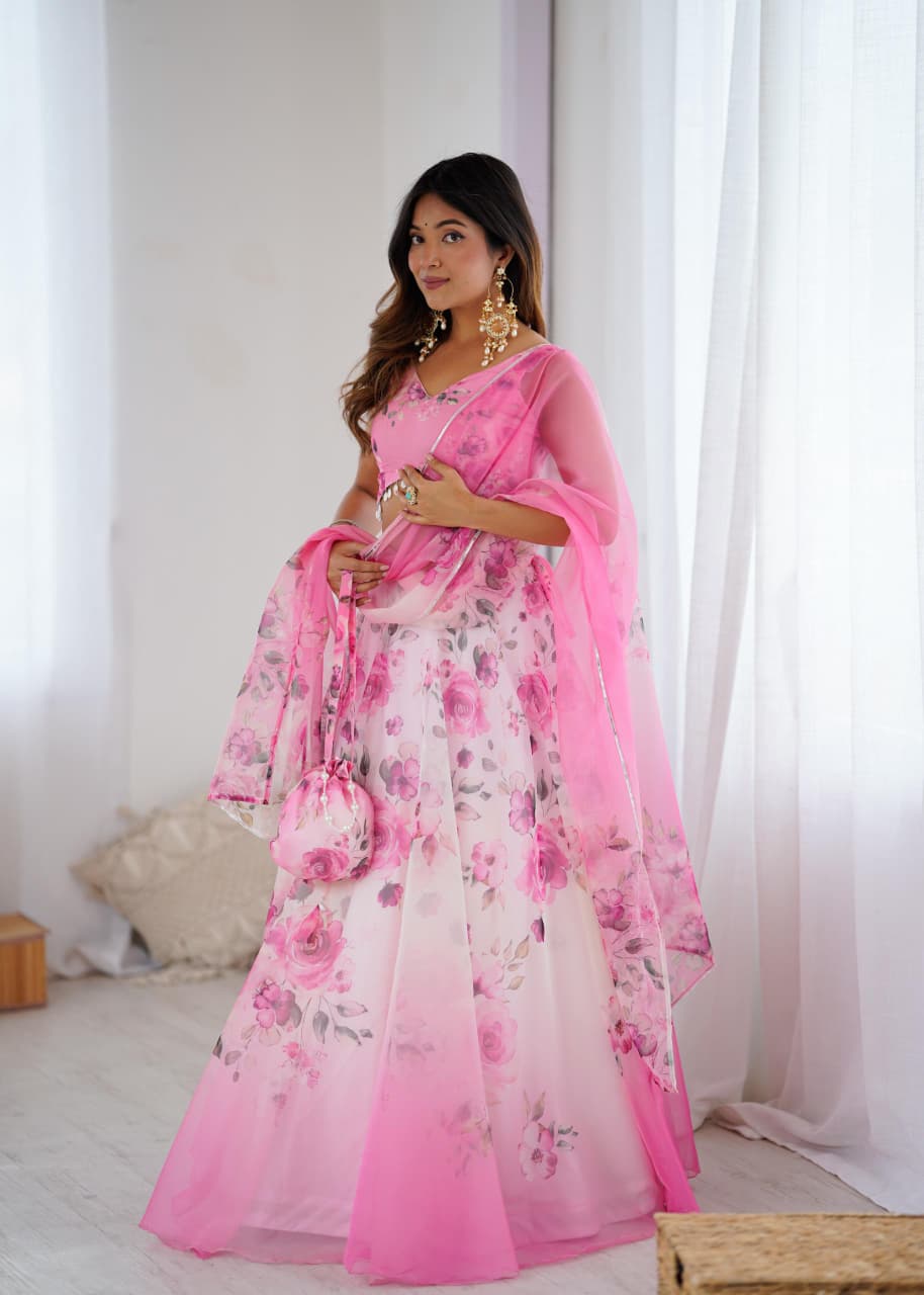 GLORIOUS PINK ORGANZA DIGITL PRINTED LEHENGA CHOLI