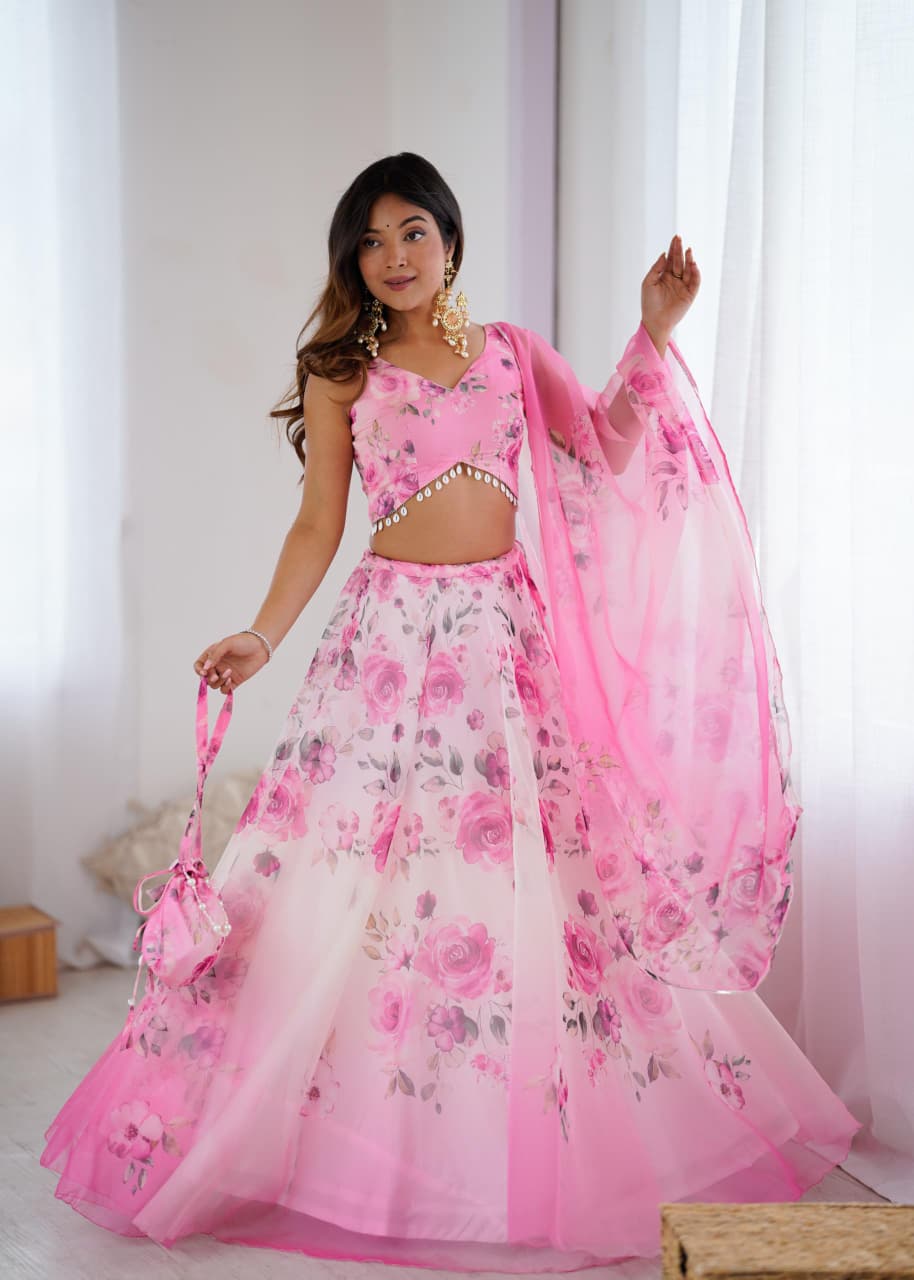 GLORIOUS PINK ORGANZA DIGITL PRINTED LEHENGA CHOLI