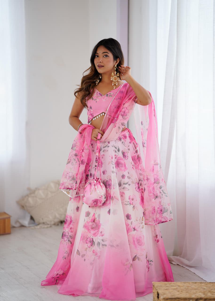 GLORIOUS PINK ORGANZA DIGITL PRINTED LEHENGA CHOLI