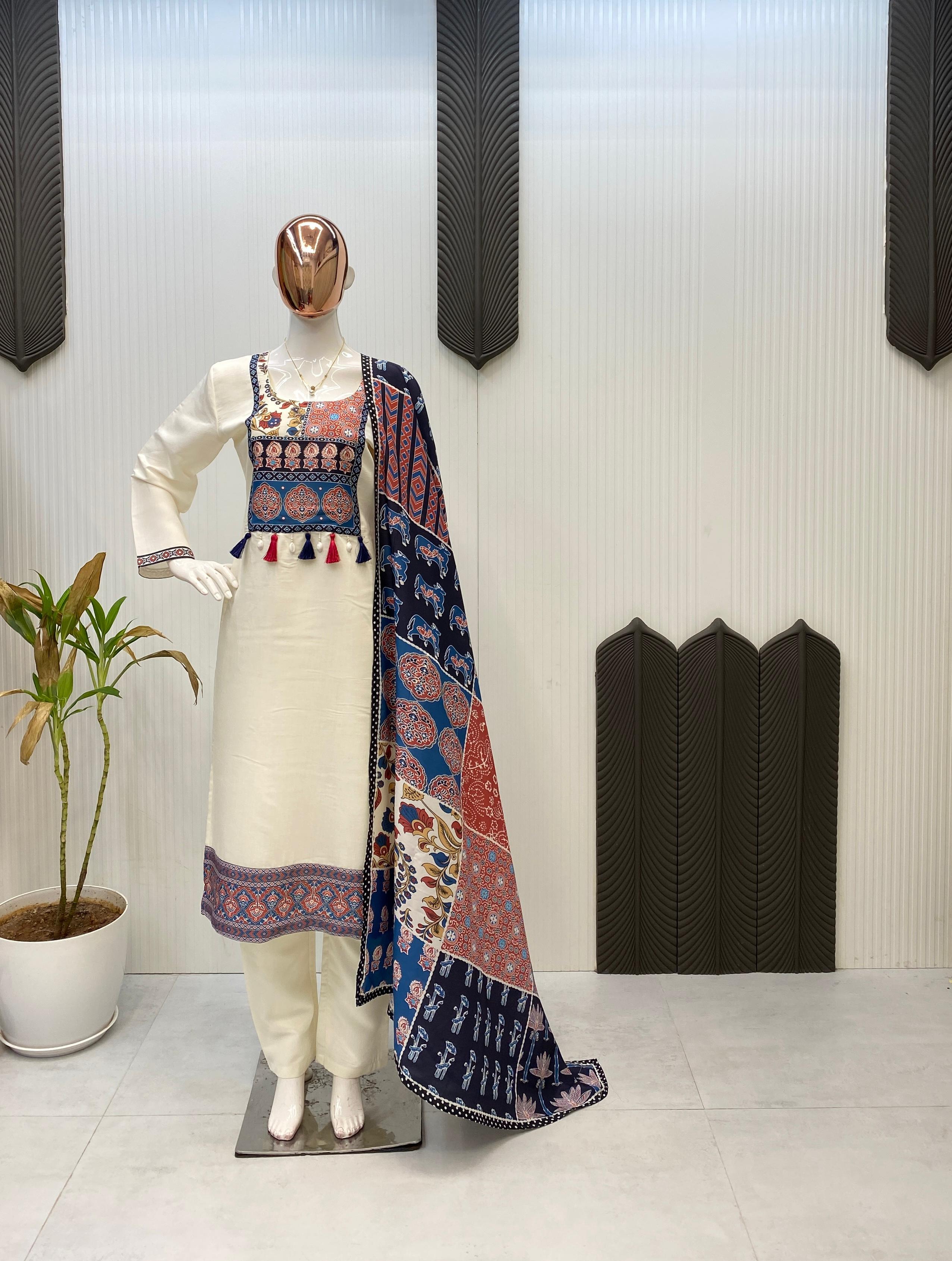 DESIGNER WEAR EXCLUSIVE SUIT IN ROMAN SILK FABRIC TOP AND PANT WITH DUPATTA PAIR