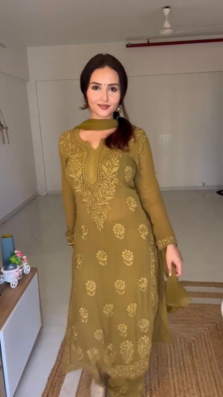 Chikankari 3pcs suit with allover-work and mukaish work ( KURTA + PLAZZO + DUPATTA )