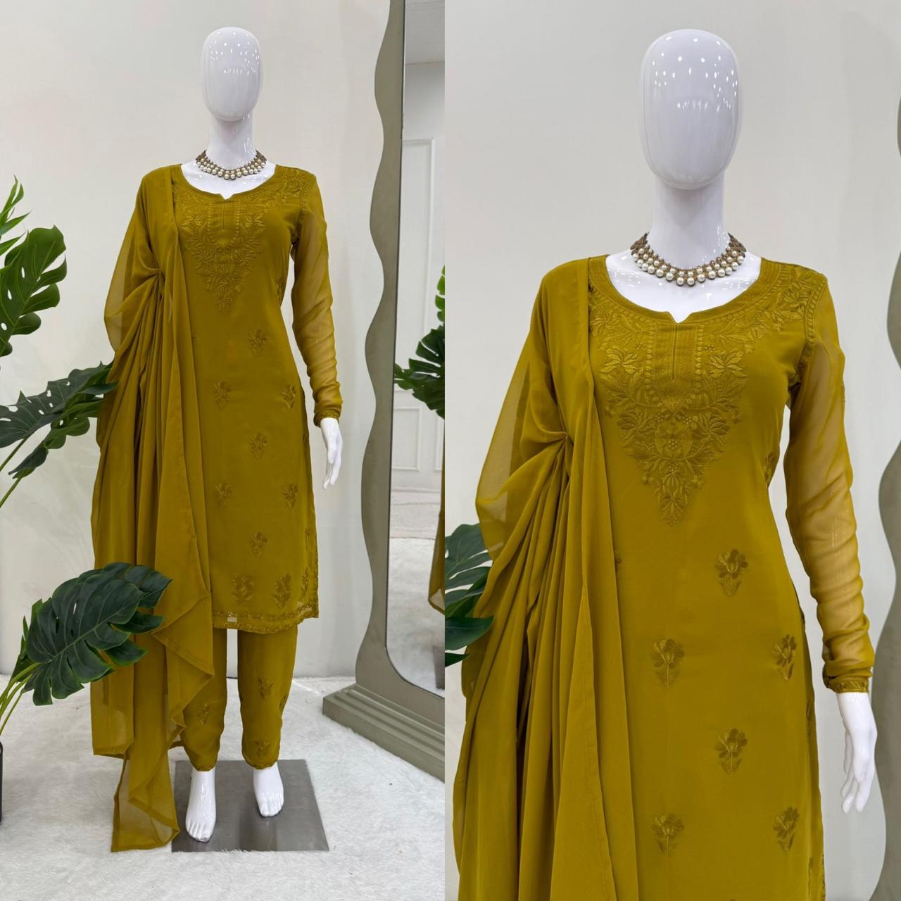 Chikankari 3pcs suit with allover-work and mukaish work ( KURTA + PLAZZO + DUPATTA )