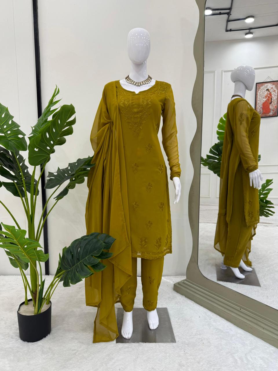 Chikankari 3pcs suit with allover-work and mukaish work ( KURTA + PLAZZO + DUPATTA )