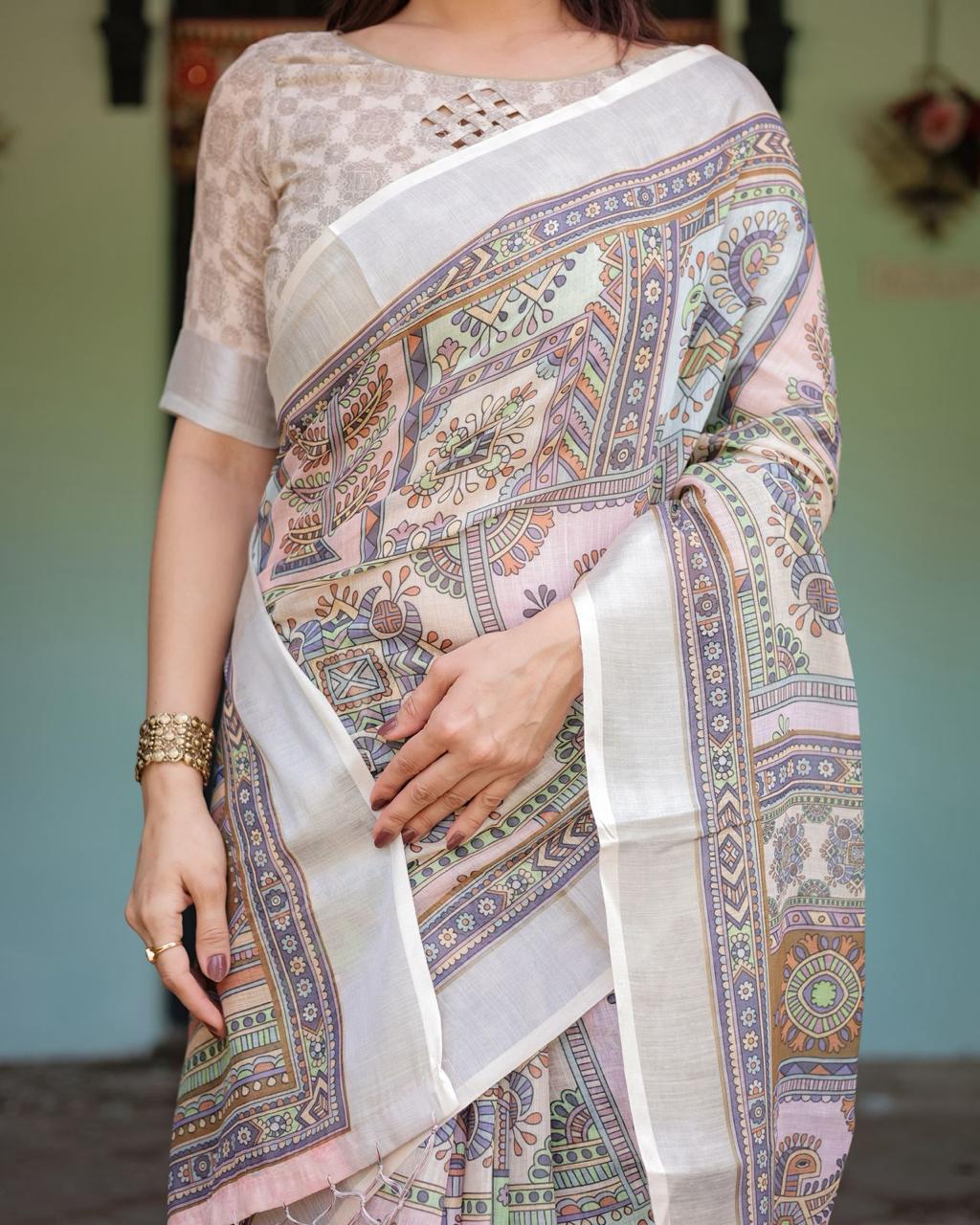Pure Linen Saree with Tassels