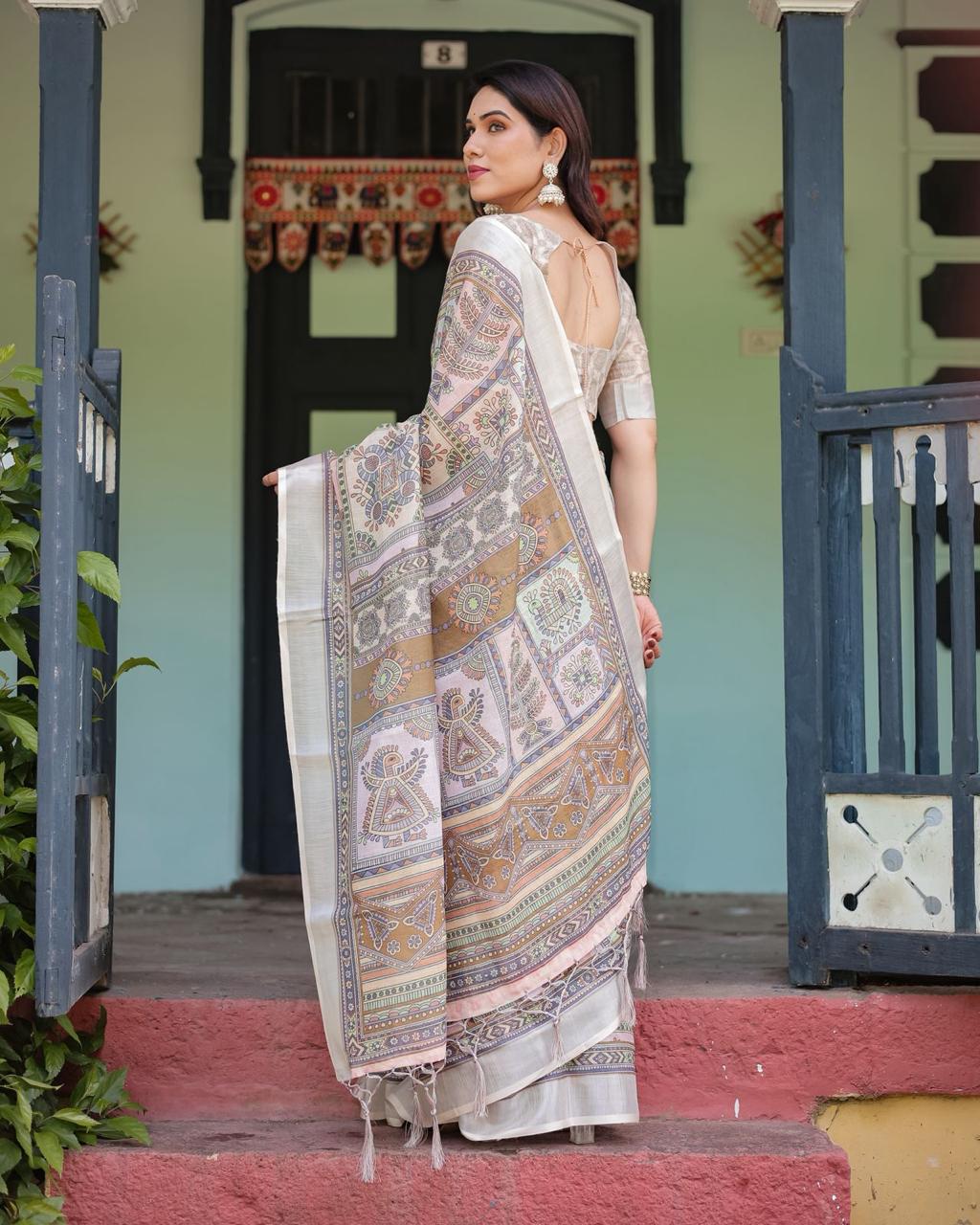 Pure Linen Saree with Tassels